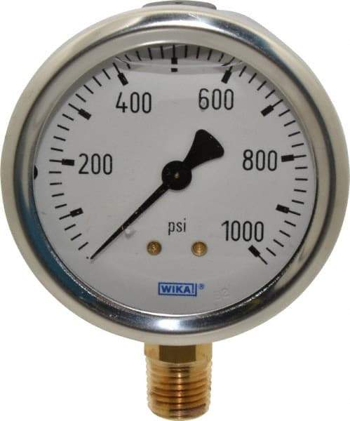 Wika - 2-1/2" Dial, 1/4 Thread, 0-1,000 Scale Range, Pressure Gauge - Lower Connection Mount, Accurate to 1.5% of Scale - Americas Industrial Supply