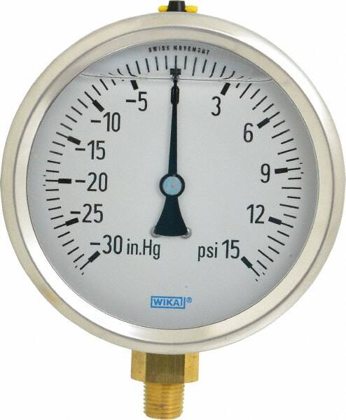 Wika - 4" Dial, 1/4 Thread, 30-0-15 Scale Range, Pressure Gauge - Lower Connection Mount, Accurate to 1% of Scale - Americas Industrial Supply