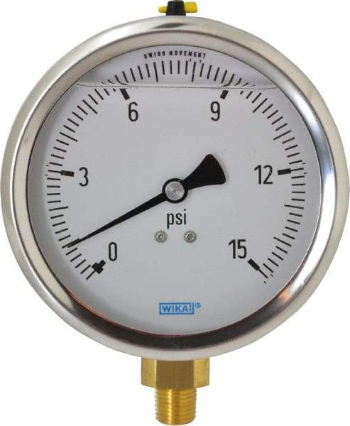 Wika - 4" Dial, 1/4 Thread, 0-15 Scale Range, Pressure Gauge - Lower Connection Mount, Accurate to 1% of Scale - Americas Industrial Supply