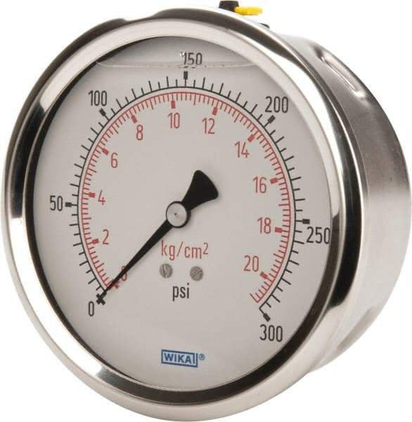 Wika - 4" Dial, 1/4 Thread, 0-300 Scale Range, Pressure Gauge - Lower Back Connection Mount, Accurate to 1% of Scale - Americas Industrial Supply