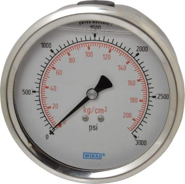 Wika - 4" Dial, 1/4 Thread, 0-3,000 Scale Range, Pressure Gauge - Lower Back Connection Mount, Accurate to 1% of Scale - Americas Industrial Supply