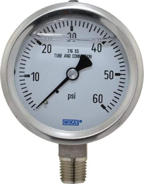 Wika - 2-1/2" Dial, 1/4 Thread, 0-60 Scale Range, Pressure Gauge - Lower Connection Mount, Accurate to 1.5% of Scale - Americas Industrial Supply
