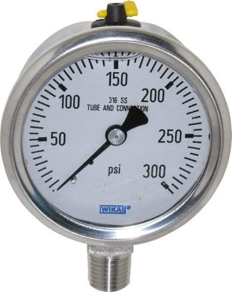 Wika - 2-1/2" Dial, 1/4 Thread, 0-300 Scale Range, Pressure Gauge - Lower Connection Mount, Accurate to 1.5% of Scale - Americas Industrial Supply