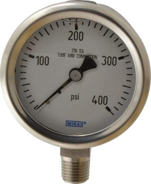 Wika - 2-1/2" Dial, 1/4 Thread, 0-400 Scale Range, Pressure Gauge - Lower Connection Mount, Accurate to 1.5% of Scale - Americas Industrial Supply