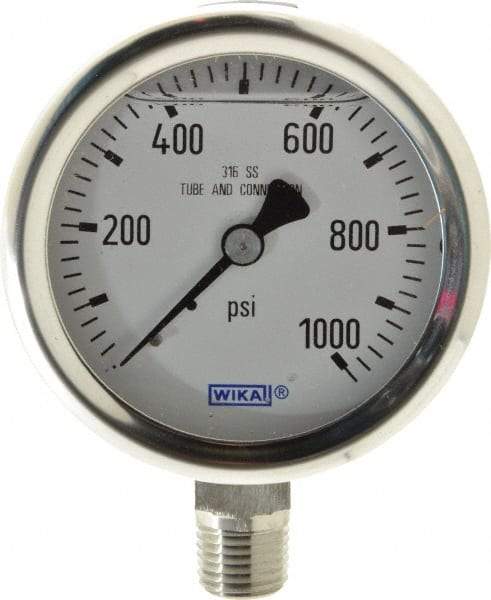 Wika - 2-1/2" Dial, 1/4 Thread, 0-1,000 Scale Range, Pressure Gauge - Lower Connection Mount, Accurate to 1.5% of Scale - Americas Industrial Supply