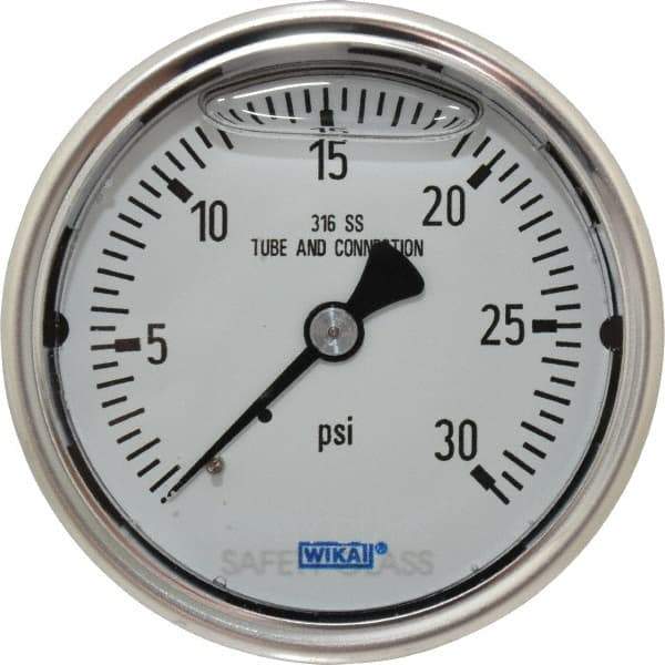 Wika - 2-1/2" Dial, 1/4 Thread, 0-30 Scale Range, Pressure Gauge - Center Back Connection Mount, Accurate to 1.5% of Scale - Americas Industrial Supply