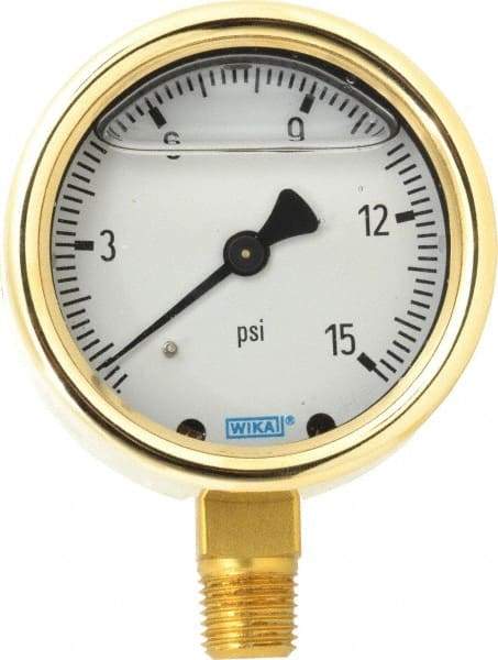 Wika - 2-1/2" Dial, 1/4 Thread, 0-15 Scale Range, Pressure Gauge - Lower Connection Mount, Accurate to 1.5% of Scale - Americas Industrial Supply