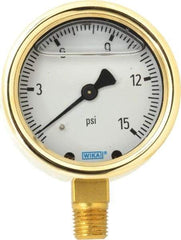Wika - 2-1/2" Dial, 1/4 Thread, 0-15 Scale Range, Pressure Gauge - Lower Connection Mount, Accurate to 1.5% of Scale - Americas Industrial Supply