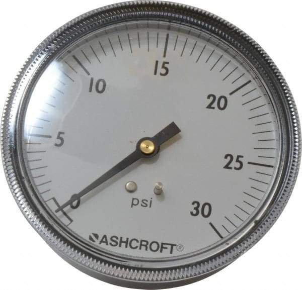 Ashcroft - 3-1/2" Dial, 1/4 Thread, 0-30 Scale Range, Pressure Gauge - Center Back Connection Mount - Americas Industrial Supply