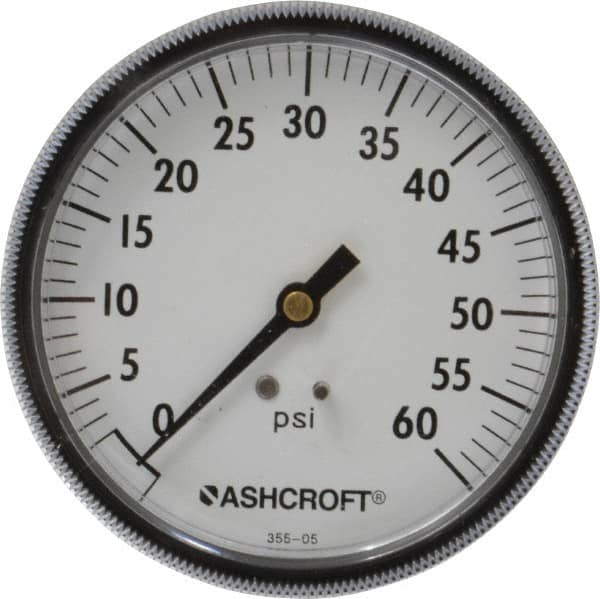 Ashcroft - 3-1/2" Dial, 1/4 Thread, 0-60 Scale Range, Pressure Gauge - Center Back Connection Mount - Americas Industrial Supply
