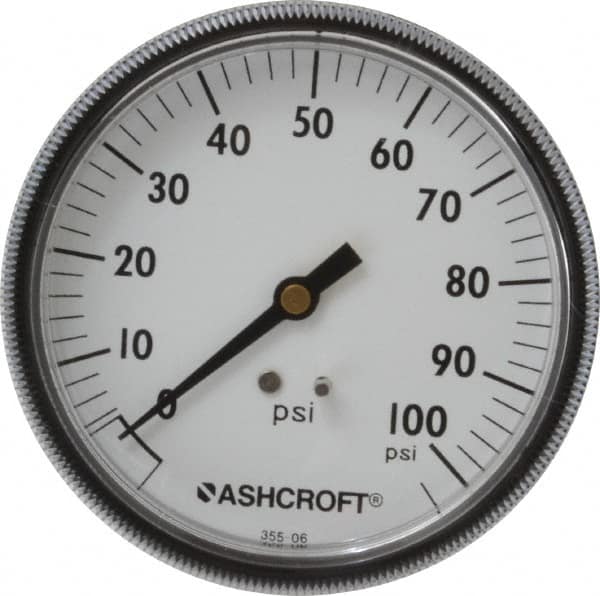Ashcroft - 3-1/2" Dial, 1/4 Thread, 0-100 Scale Range, Pressure Gauge - Center Back Connection Mount - Americas Industrial Supply