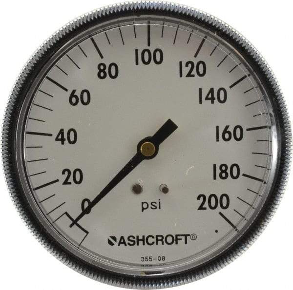 Ashcroft - 3-1/2" Dial, 1/4 Thread, 0-200 Scale Range, Pressure Gauge - Center Back Connection Mount - Americas Industrial Supply