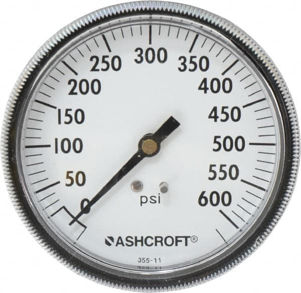 Ashcroft - 3-1/2" Dial, 1/4 Thread, 0-600 Scale Range, Pressure Gauge - Center Back Connection Mount - Americas Industrial Supply
