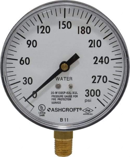 Ashcroft - 3-1/2" Dial, 1/4 Thread, 0-300 Scale Range, Pressure Gauge - Lower Connection Mount - Americas Industrial Supply