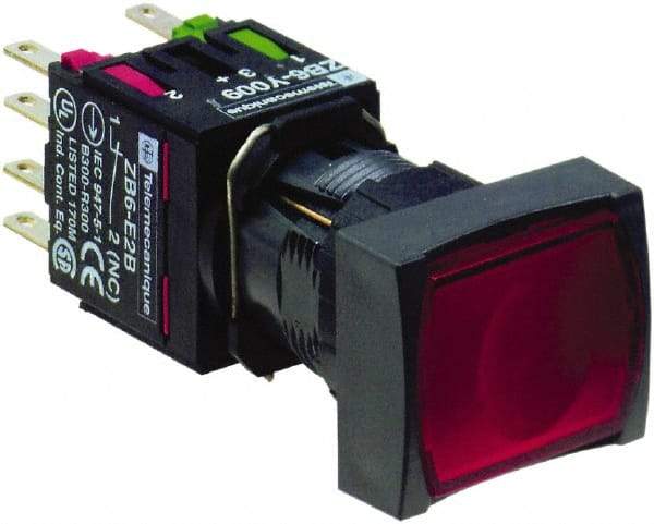Schneider Electric - 16mm Mount Hole, Flush, Pushbutton Switch with Contact Block - Rectangle, Red Pushbutton, Illuminated, Momentary (MO) - Americas Industrial Supply