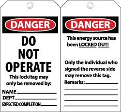 NMC - 3" High x 6" Long, DANGER - DO NOT OPERATE - THIS LOCK/TAG MAY ONLY BE REMOVED BY: NAME___ DEPT___ EXPECTED COMPLETION___, English Safety & Facility Lockout Tag - Tag Header: Danger, 2 Sides, Black, Red & White Unrippable Vinyl - Americas Industrial Supply