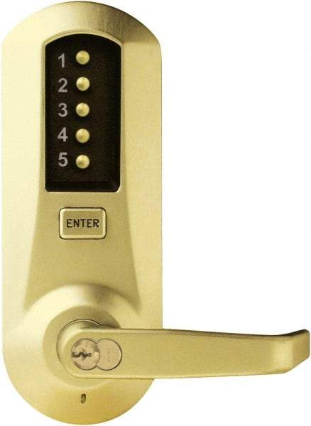 Kaba Access - Pushbutton Lock with Interchangeable Core Lever Lockset for 1-3/8 to 2-1/4" Thick Doors - 2-3/4" Back Set, 6 or 7 Pin Length Best & Compatible (Core Not Included) Cylinder, Satin Brass Finish - Americas Industrial Supply