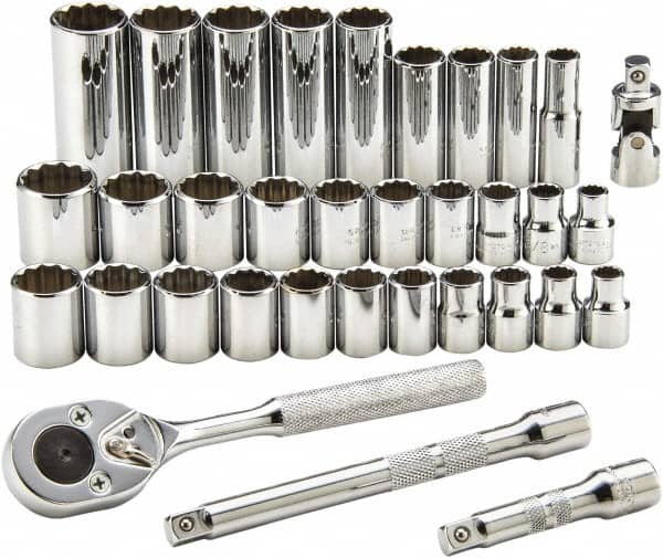 Proto - 34 Piece 3/8" Drive Standard Deep Socket Set - 12 Points, 7/8 to 7/8", 8 to 19mm, Inch/Metric Measurement Standard - Americas Industrial Supply