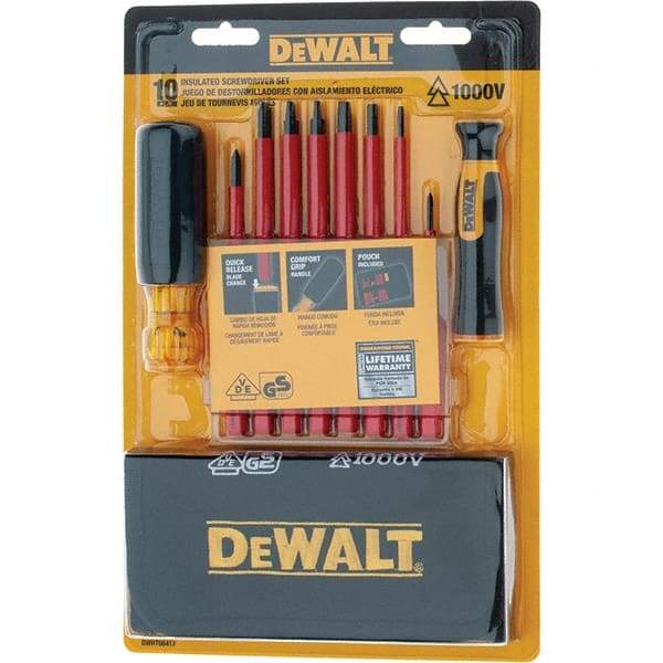 DeWALT - 10 Piece Slotted & Phillips Screwdriver Set - Vinyl Grip Handle, Blade Sizes: Width 3/16, 1/4 & 1/8, Bit Sizes: Philips #0 to #2, Tip Thickness: 1/8, 3/16 & 1/4, Comes in Tool Roll - Americas Industrial Supply