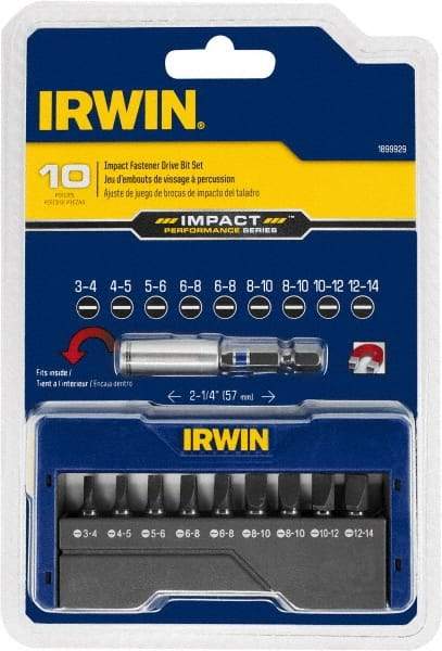 Irwin - 10 Piece, Screwdriver Insert Bit Set - 3 to 14 Slotted & Magnetic Bit Holder with C-Ring - Americas Industrial Supply
