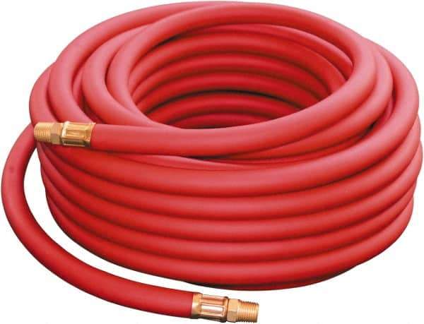 PRO-SOURCE - 3/8" ID x 0.69" OD 50' Long Multipurpose Air Hose - MNPT x MNPT Ends, 300 Working psi, -30 to 176°F, 1/4" Fitting, Red - Americas Industrial Supply