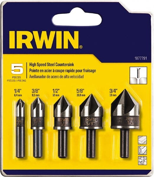 Irwin - 5 Piece, 1/4 to 3/4" Head Diam, 82° Included Angle, Single End Countersink Set - Americas Industrial Supply