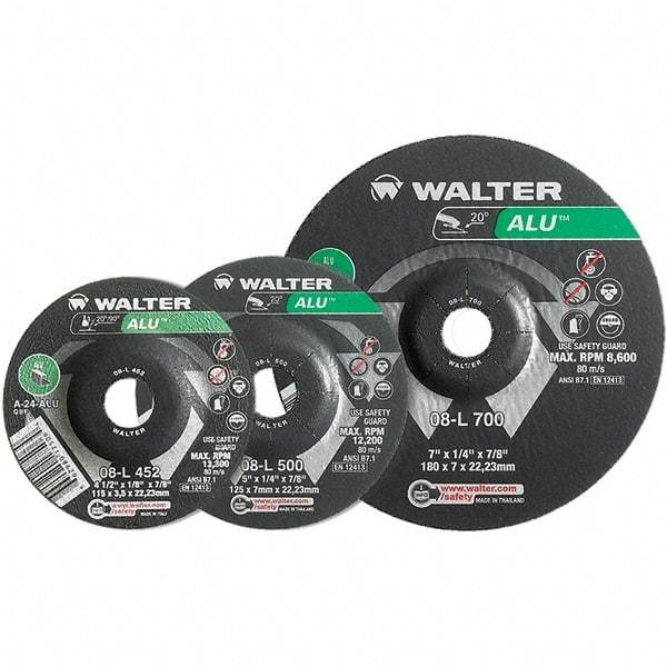 WALTER Surface Technologies - 24 Grit, 7" Wheel Diam, 1/8" Wheel Thickness, Type 27 Depressed Center Wheel - Aluminum Oxide, Resinoid Bond, 8,600 Max RPM - Americas Industrial Supply