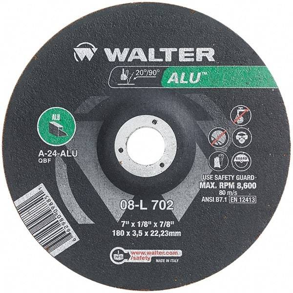 WALTER Surface Technologies - 24 Grit, 7" Wheel Diam, 1/8" Wheel Thickness, 7/8" Arbor Hole, Type 27 Depressed Center Wheel - Aluminum Oxide, Resinoid Bond, 8,600 Max RPM - Americas Industrial Supply
