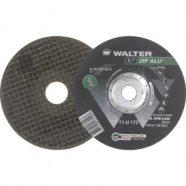 WALTER Surface Technologies - 30 Grit, 7" Wheel Diam, 1/16" Wheel Thickness, 7/8" Arbor Hole, Type 27 Depressed Center Wheel - Aluminum Oxide, Resinoid Bond, 8,600 Max RPM - Americas Industrial Supply