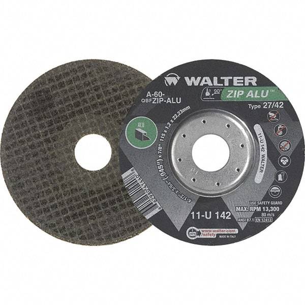 WALTER Surface Technologies - 60 Grit, 5" Wheel Diam, 3/64" Wheel Thickness, 7/8" Arbor Hole, Type 27 Depressed Center Wheel - Aluminum Oxide, Resinoid Bond, 12,200 Max RPM - Americas Industrial Supply
