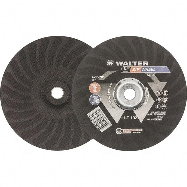 WALTER Surface Technologies - 30 Grit, 9" Wheel Diam, 5/64" Wheel Thickness, 7/8" Arbor Hole, Type 27 Depressed Center Wheel - Aluminum Oxide, Resinoid Bond, 6,600 Max RPM - Americas Industrial Supply