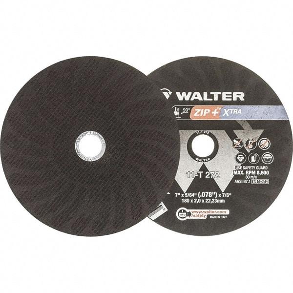 WALTER Surface Technologies - 7" 46 Grit Aluminum Oxide Cutoff Wheel - 5/64" Thick, 7/8" Arbor, 8,600 Max RPM, Use with Angle Grinders - Americas Industrial Supply