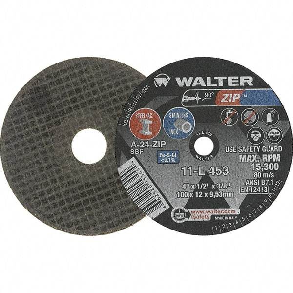 WALTER Surface Technologies - 4" 24 Grit Aluminum Oxide Cutoff Wheel - 1/2" Thick, 3/8" Arbor, 19,100 Max RPM, Use with Die Grinders - Americas Industrial Supply