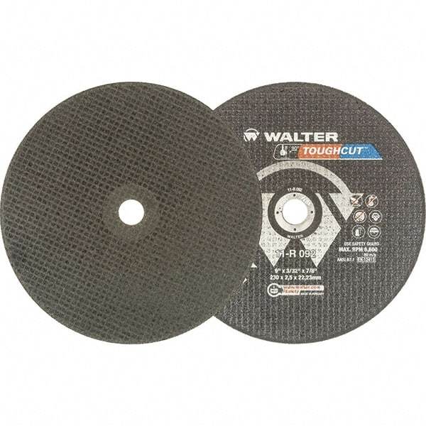 WALTER Surface Technologies - 9" 30 Grit Aluminum Oxide Cutoff Wheel - 3/32" Thick, 7/8" Arbor, 6,600 Max RPM, Use with Angle Grinders - Americas Industrial Supply