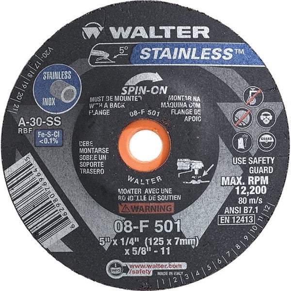 WALTER Surface Technologies - 30 Grit, 5" Wheel Diam, 1/4" Wheel Thickness, Type 28 Depressed Center Wheel - Aluminum Oxide, Resinoid Bond, 12,200 Max RPM - Americas Industrial Supply