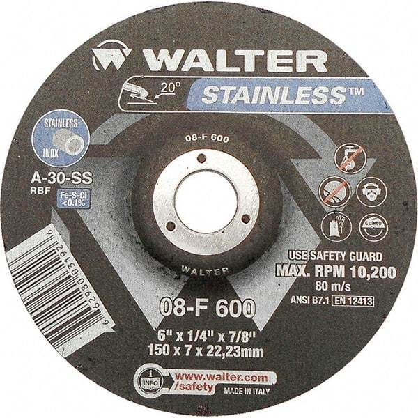 WALTER Surface Technologies - 30 Grit, 6" Wheel Diam, 1/4" Wheel Thickness, 7/8" Arbor Hole, Type 27 Depressed Center Wheel - Aluminum Oxide, Resinoid Bond, 10,200 Max RPM - Americas Industrial Supply
