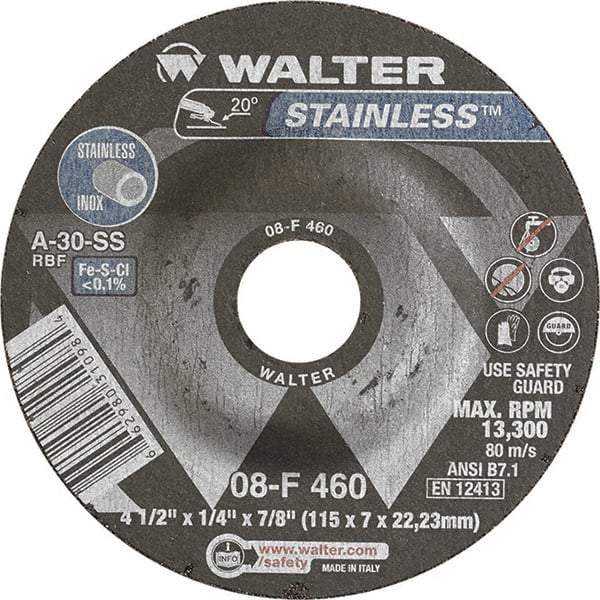 WALTER Surface Technologies - 30 Grit, 4-1/2" Wheel Diam, 1/4" Wheel Thickness, 7/8" Arbor Hole, Type 27 Depressed Center Wheel - Aluminum Oxide, Resinoid Bond, 13,300 Max RPM - Americas Industrial Supply