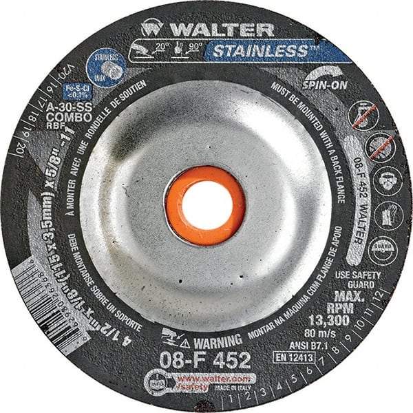 WALTER Surface Technologies - 30 Grit, 4-1/2" Wheel Diam, 1/8" Wheel Thickness, Type 27 Depressed Center Wheel - Aluminum Oxide, Resinoid Bond, 13,300 Max RPM - Americas Industrial Supply