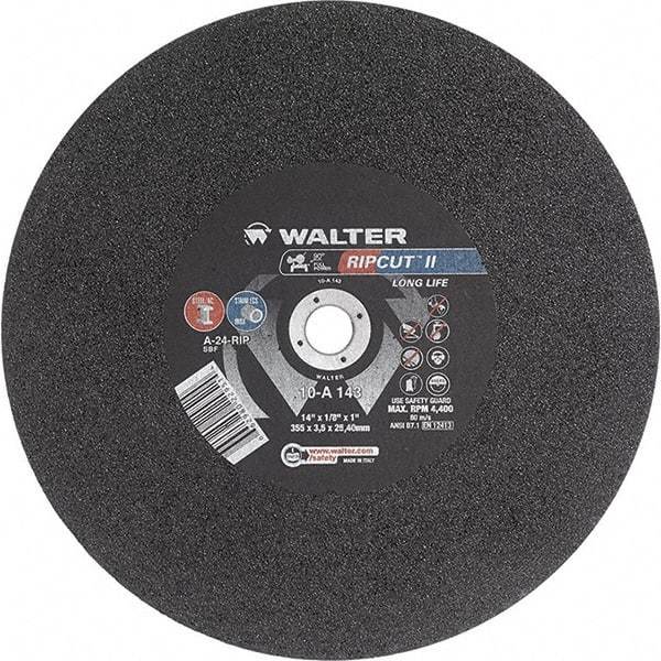 WALTER Surface Technologies - 14" 24 Grit Aluminum Oxide Cutoff Wheel - 1/8" Thick, 1" Arbor, 4,400 Max RPM, Use with Stationary Tools - Americas Industrial Supply