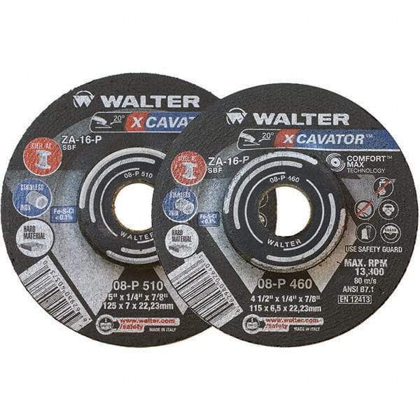 WALTER Surface Technologies - 16 Grit, 9" Wheel Diam, 1/4" Wheel Thickness, 7/8" Arbor Hole, Type 27 Depressed Center Wheel - Aluminum Oxide, Resinoid Bond, 6,600 Max RPM - Americas Industrial Supply