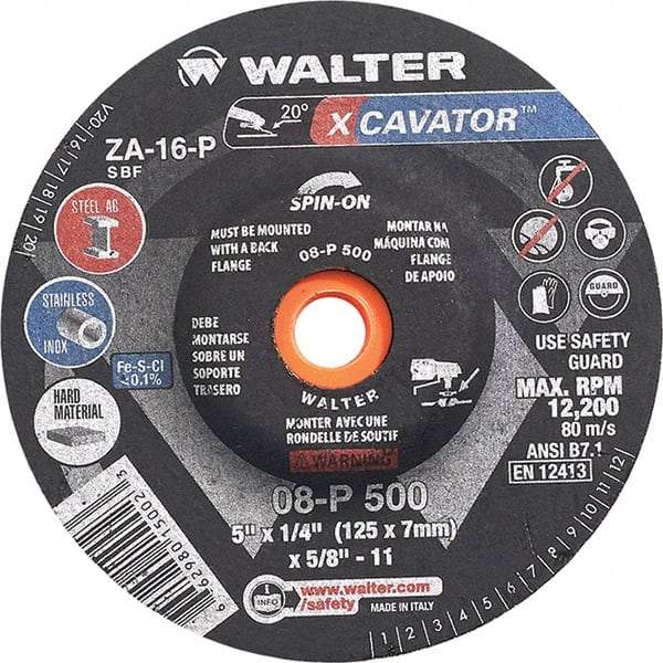 WALTER Surface Technologies - 16 Grit, 5" Wheel Diam, 1/4" Wheel Thickness, Type 27 Depressed Center Wheel - Aluminum Oxide, Resinoid Bond, 12,200 Max RPM - Americas Industrial Supply