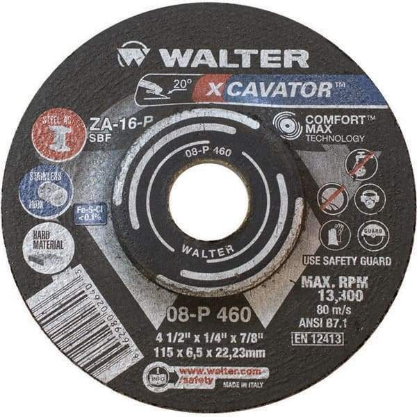 WALTER Surface Technologies - 16 Grit, 4-1/2" Wheel Diam, 1/4" Wheel Thickness, 7/8" Arbor Hole, Type 27 Depressed Center Wheel - Aluminum Oxide, Resinoid Bond, 13,300 Max RPM - Americas Industrial Supply