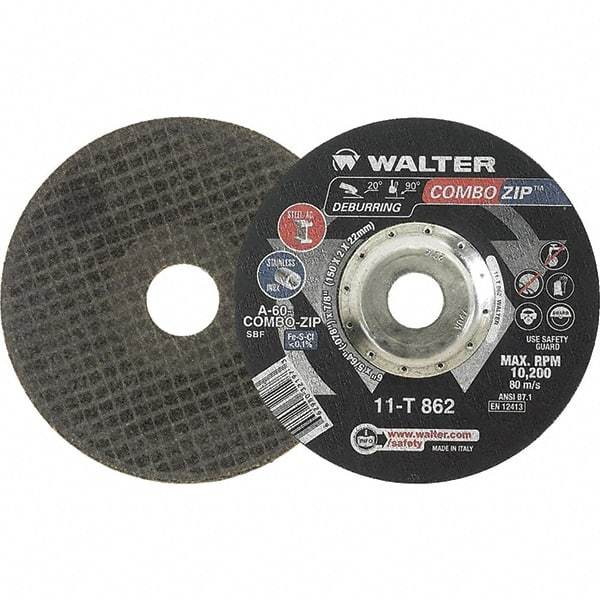 WALTER Surface Technologies - 60 Grit, 6" Wheel Diam, 5/64" Wheel Thickness, 7/8" Arbor Hole, Type 27 Depressed Center Wheel - 10,200 Max RPM - Americas Industrial Supply