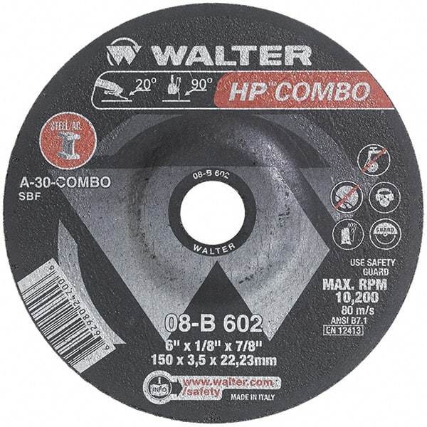 WALTER Surface Technologies - 30 Grit, 6" Wheel Diam, 1/8" Wheel Thickness, 7/8" Arbor Hole, Type 27 Depressed Center Wheel - Aluminum Oxide, Resinoid Bond, 10,200 Max RPM - Americas Industrial Supply