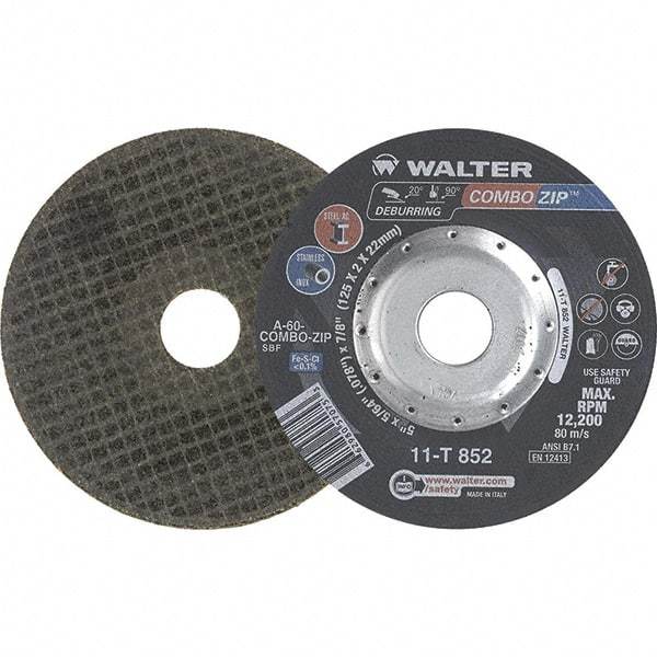 WALTER Surface Technologies - 60 Grit, 5" Wheel Diam, 5/64" Wheel Thickness, 7/8" Arbor Hole, Type 27 Depressed Center Wheel - 12,200 Max RPM - Americas Industrial Supply