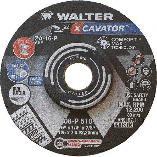 WALTER Surface Technologies - 16 Grit, 5" Wheel Diam, 1/4" Wheel Thickness, 7/8" Arbor Hole, Type 27 Depressed Center Wheel - Aluminum Oxide, Resinoid Bond, 12,200 Max RPM - Americas Industrial Supply