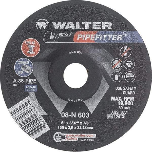 WALTER Surface Technologies - 36 Grit, 6" Wheel Diam, 3/32" Wheel Thickness, 7/8" Arbor Hole, Type 27 Depressed Center Wheel - Aluminum Oxide/Silicon Carbide Blend, Resinoid Bond, 10,200 Max RPM - Americas Industrial Supply