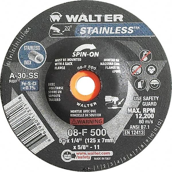 WALTER Surface Technologies - 30 Grit, 5" Wheel Diam, 1/4" Wheel Thickness, Type 27 Depressed Center Wheel - Aluminum Oxide, Resinoid Bond, 12,200 Max RPM - Americas Industrial Supply