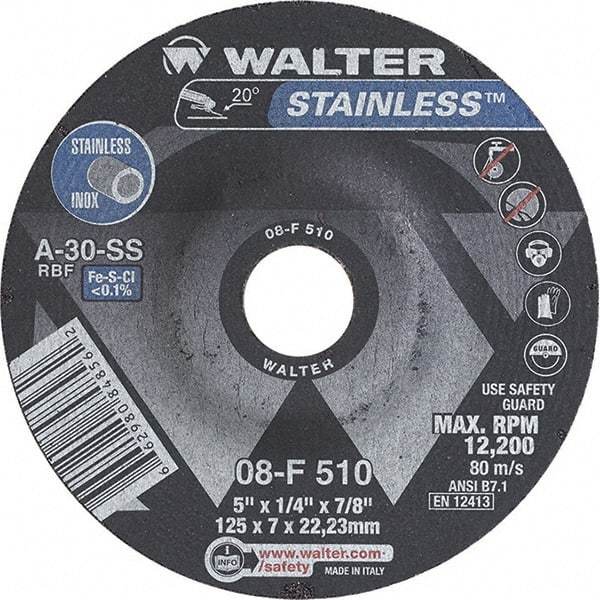 WALTER Surface Technologies - 30 Grit, 5" Wheel Diam, 1/4" Wheel Thickness, 7/8" Arbor Hole, Type 27 Depressed Center Wheel - Aluminum Oxide, Resinoid Bond, 12,200 Max RPM - Americas Industrial Supply
