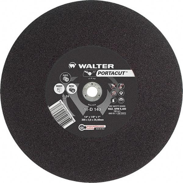 WALTER Surface Technologies - 14" 24 Grit Aluminum Oxide Cutoff Wheel - 1/8" Thick, 1" Arbor, 5,400 Max RPM, Use with Electric & Gas Powered Saws - Americas Industrial Supply